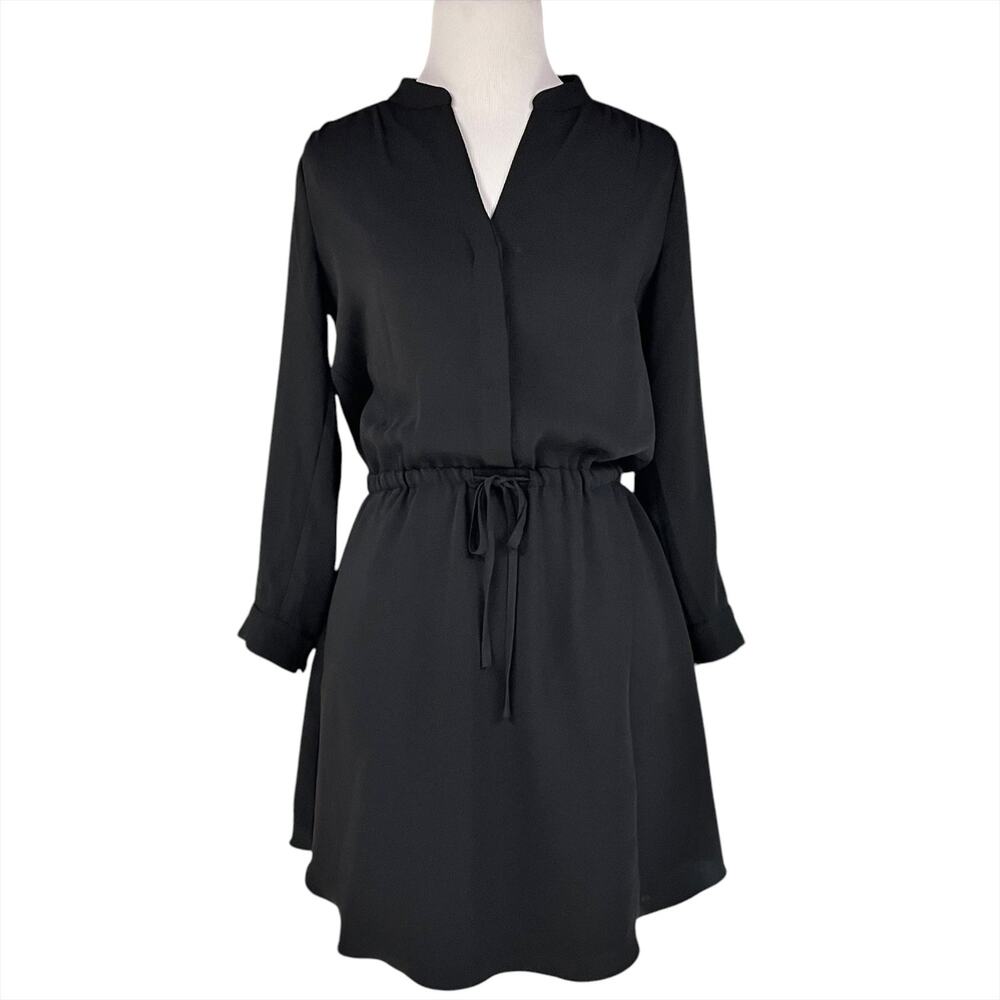 BABATON ARITZIA Bennett Silky Black Drawstring Waist Mini Dress 3/4 Sleeves XS